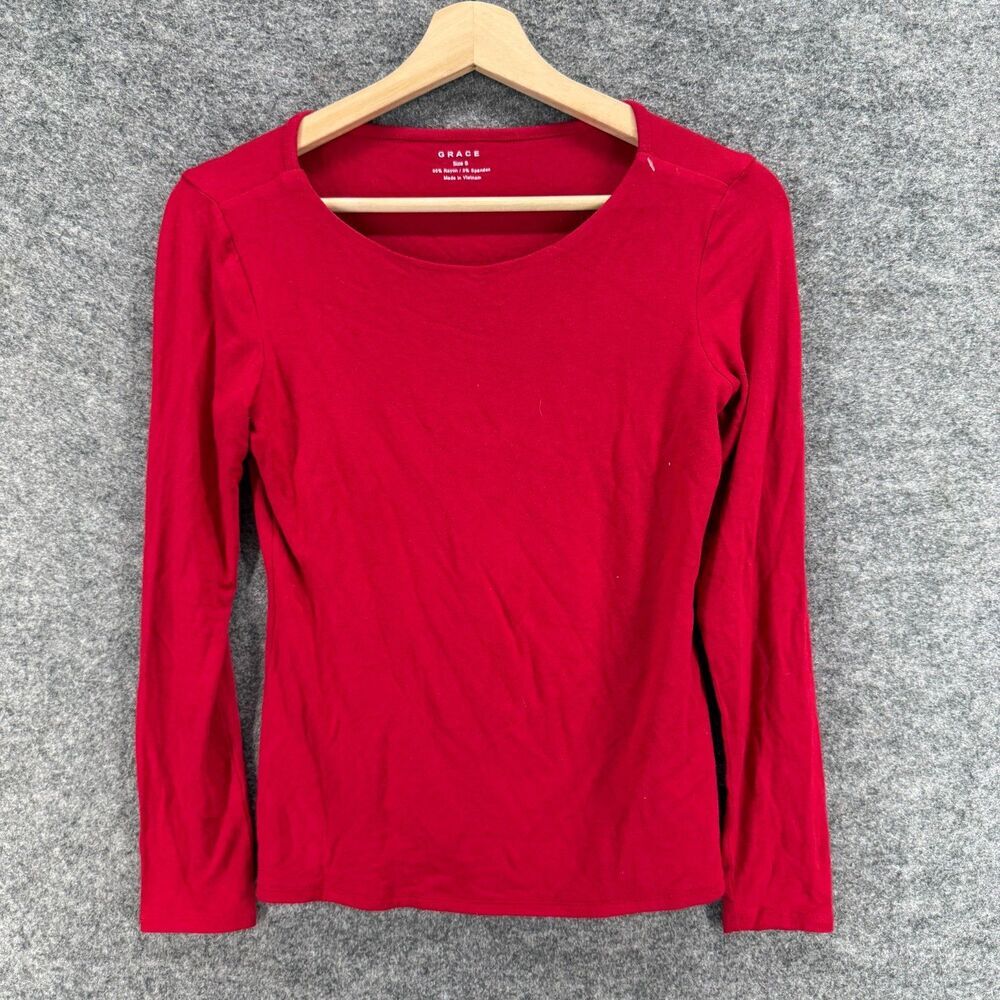 Grace T-Shirt Women S Small Red Rayon Long Sleeve Round Neck Pullover Casual